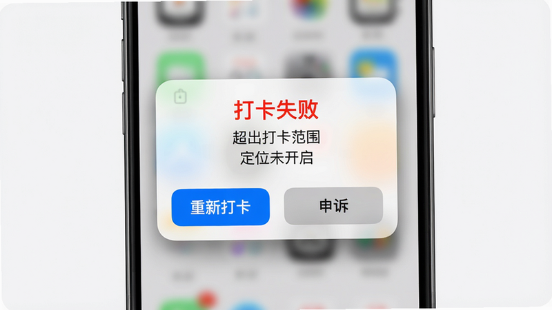 主体:手机屏幕上显示“打卡失败”提示框,布局:对话框居中,标题红色警告“打卡失败”,正文说明原因“超出打卡范围”或“定位未开启”,下方有两个按钮“重新打卡”和“申诉”,风格:iOS风格弹窗,圆角卡片,细节:提示框带有阴影,按钮颜色为蓝色和灰色,画质:高清,干净背景,无多余元素