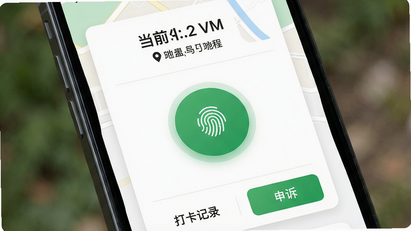 主体:手机屏幕显示远程打卡界面,布局:页面中央有一个圆形打卡按钮,上方显示当前时间与地理位置,底部有“打卡记录”和“申诉”入口,风格:卡片式设计,白色背景搭配绿色按钮,细节:地图标注定位点,按钮带有指纹图标,画质:4K,干净界面,无杂乱元素