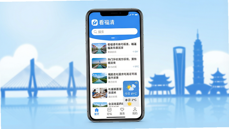 主体:看福清App主界面展示,布局:画面中央放置一部手机模型,手机屏幕显示看福清首页,顶部有“看福清”Logo和搜索框,中部是新闻资讯列表和社区论坛入口,底部导航栏包含“首页、论坛、服务、我的”四个标签。排版:手机居中,背景为福清城市剪影(如龙江桥、地标建筑)带柔光模糊效果。风格:扁平化、清新明亮,主色调为蓝色和白色,图标圆润。细节:新闻列表有缩略图和标题,论坛入口显示热门帖子标题,天气小部件显示今日气温。画质:4K高清,画面干净无冗余元素。