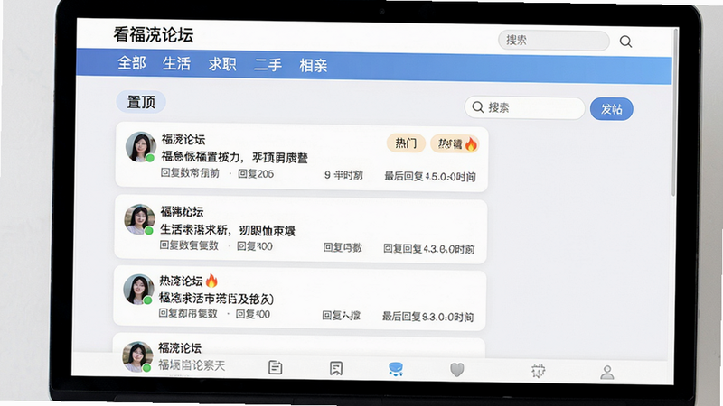 主体:看福清论坛界面,布局:顶部为论坛分区导航栏(如“全部、生活、求职、二手、相亲”),中间为帖子列表,每个帖子显示用户头像、昵称、标题、回复数和最后回复时间。风格:清新社区风格,背景柔白,卡片式设计。细节:列表中有置顶帖标记和热门帖火苗图标,右侧有搜索框和“发帖”按钮,底部有快速导航标签。画质:高清无杂质。