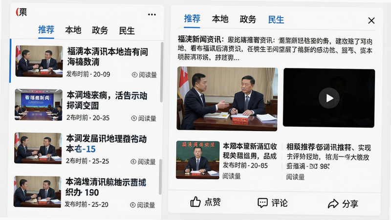 主体:看福清新闻资讯页面界面,布局:左侧为新闻列表,每条新闻包含缩略图、标题、发布时间和阅读量;右侧为打开的新闻详情页,显示正文和相关推荐。风格:现代简约,白底黑字,蓝色高亮链接,字体清晰。细节:列表顶部有“推荐、本地、政务、民生”分类标签,正文内嵌图片和视频播放按钮,底部有“点赞、评论、分享”按钮。画质:高清干净,画面无多余元素。