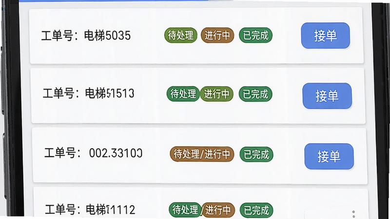 画面主体为手机列表界面,展示维保e站工单列表,每一行包含工单号、电梯编号、状态标签(待处理/进行中/已完成),右侧有“接单”按钮,背景为白色卡片,列表项之间用浅灰色分割线,风格Material Design,画质干净,无多余元素