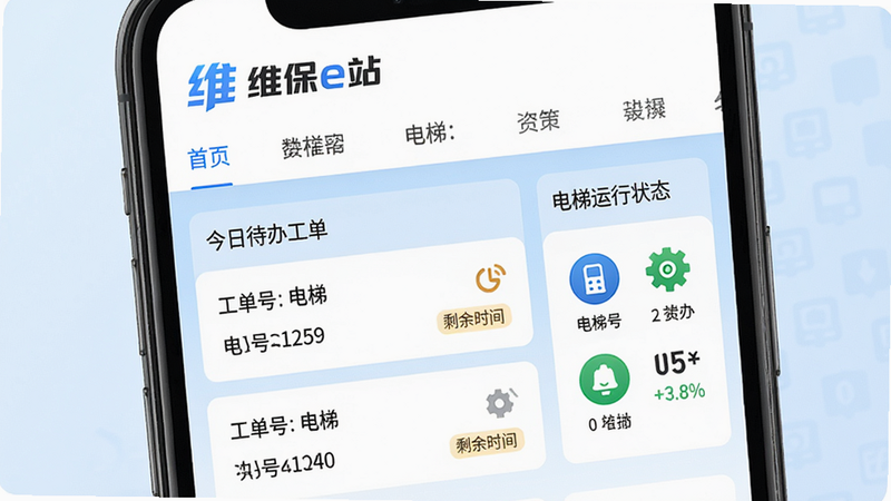 画面主体是智能手机屏幕,屏幕中显示维保e站App主界面,界面布局为卡片式,顶部有“维保e站”Logo和导航栏,中间展示今日待办工单列表和电梯运行状态图标,背景为淡蓝色渐变,风格简洁商务,细节包括工单号、电梯编号、剩余时间标签,画质清晰干净,无多余元素