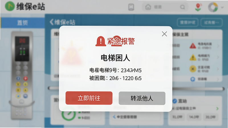 画面主体为手机报警通知弹窗,弹窗顶部有红色“紧急报警”图标和“电梯困人”字样,下方显示电梯编号、位置、被困人数,底部有“立即前往”和“转派他人”两个按钮,背景为模糊的维保e站主界面,风格警示性,画质干净
