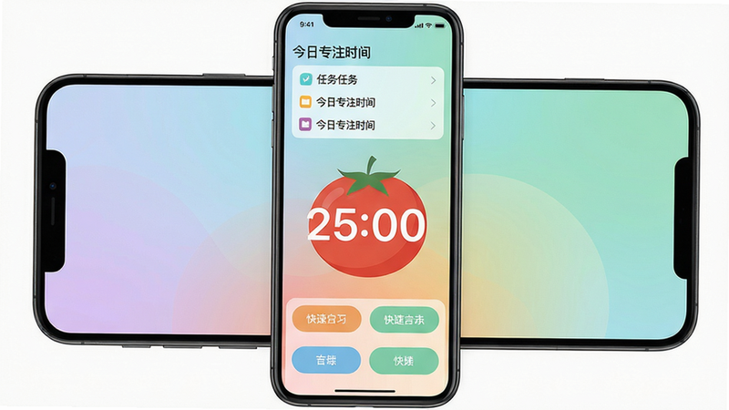 主体:专注学习App手机界面全景展示,布局:中央显示番茄钟倒计时,上方有任务列表与今日专注时长,下方有快捷启动按钮,排版:左右对称,风格:清新扁平化,细节:时钟数字清晰显示“25:00”,背景有柔和渐变,画质:高清、干净无多余元素