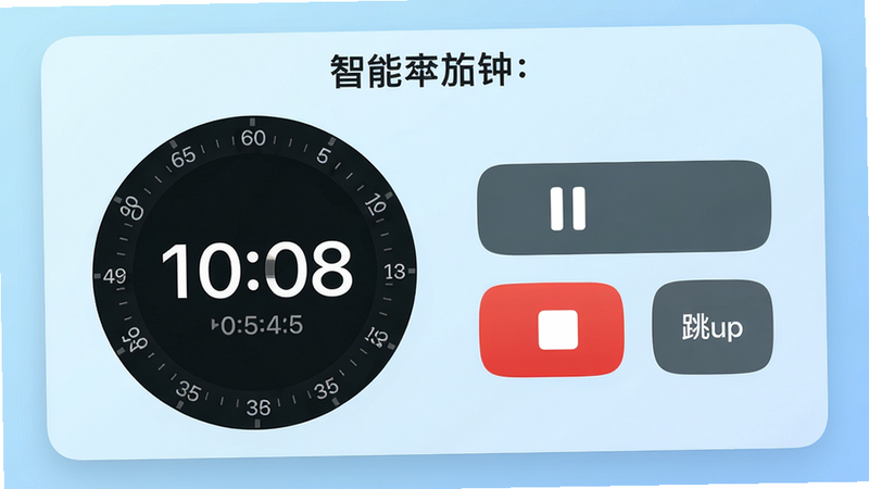 主体:智能番茄钟功能界面,布局:左侧圆环计时器显示剩余时间,右侧有暂停、停止、跳过按钮,上方显示当前任务名称,排版:卡片式布局,风格:极简ios风格,细节:时间数字用大号字体,背景为浅蓝色渐变,画质:高分辨率、干净无冗余元素