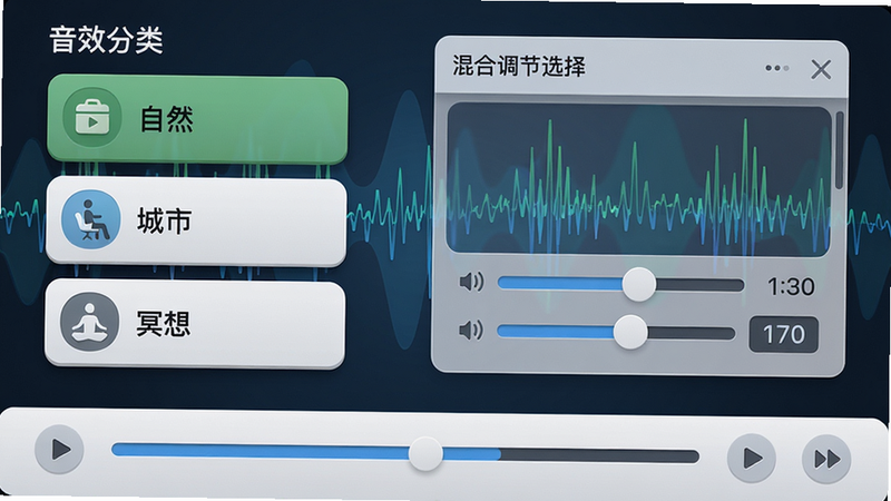 主体:白噪音选择界面,布局:左侧音效分类列表(自然、城市、冥想),右侧为混合调节面板,下方有播放控制条,排版:双列布局,风格:拟物化与扁平结合,细节:音量滑块带数字显示,背景有动态波形图,画质:高清、干净、无杂乱元素