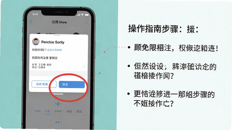 主体:专注于学习的使用指南步骤图,布局:左侧手机截图显示权限设置界面,右侧文字说明操作步骤,排版:图文左右对应,风格:教程风格扁平化,细节:红色圆圈标出关键按钮,文字清晰,画质:干净、无多余元素