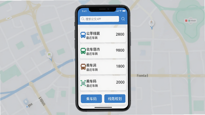 月城公交APP主界面,手机屏幕居中显示,顶部有搜索框,下方为公交线路列表,每条线路显示名称和最近车辆距离,底部有“乘车码”和“线路规划”按钮,蓝色主题,扁平化设计,地图背景淡出,高清干净