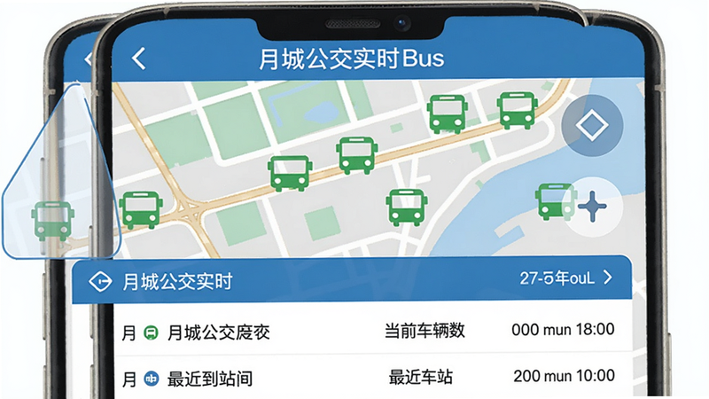 月城公交实时公交界面,手机屏幕显示放大的地图,上面有多个绿色公交车图标,下方列表显示线路名称、当前车辆数、最近到站时间,蓝色调,扁平化风格,高清