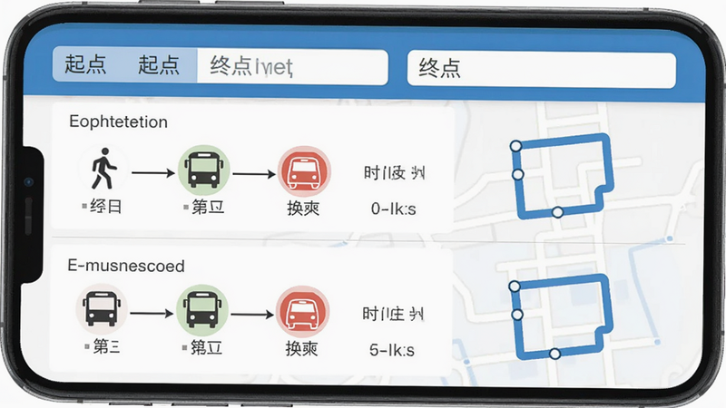 月城公交线路规划界面,手机屏幕显示起点和终点输入框,下方列出两条线路方案,每条方案有步骤图(步行、公交、换乘),时间预估,蓝色路线图,扁平化设计