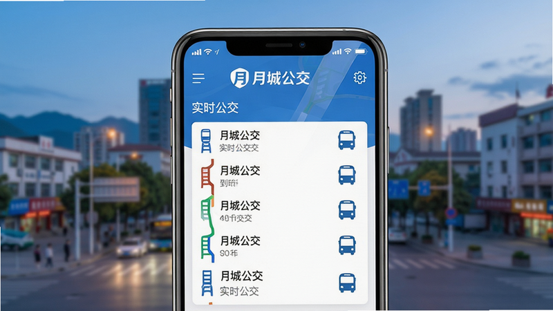 主体:月城公交App主界面展示,背景为西昌城市街景,前景手机屏幕上显示实时公交地图与到站信息。布局:手机居中,屏幕内容清晰可见,城市背景虚化。排版:手机屏幕内显示“月城公交”Logo、线路列表、车辆图标。风格:现代扁平化设计,色彩明亮,以蓝色和白色为主。细节:手机屏幕有反光效果,图标精致,左上角显示信号和电量。画质:4K超清,干净无多余元素,文字“月城公交”和“实时公交”突出。