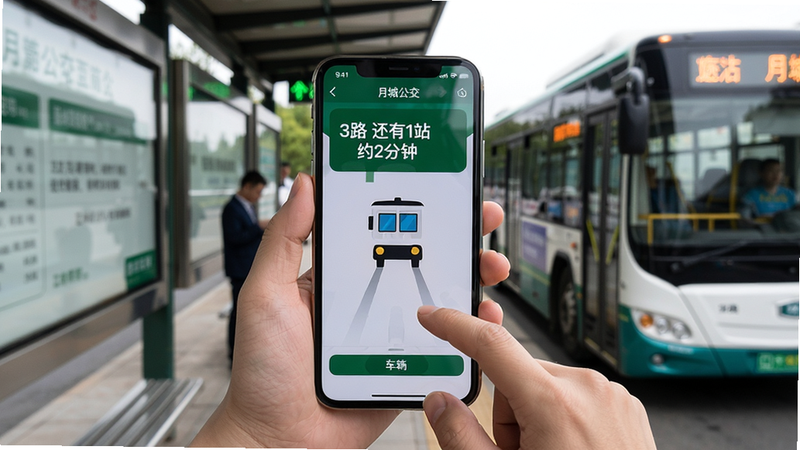 主体:用户手持手机在公交站台使用月城公交app,屏幕显示车辆即将到站。布局:手机在画面中心,背景为站台和公交车。排版:手机屏幕内显示“3路 还有1站 约2分钟”字样。风格:生活化实拍风格,自然光线。细节:用户手指点击屏幕,表情满意。画质:高分辨率,色彩真实,无多余元素。