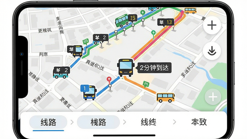 主体:手机屏幕显示实时公交追踪界面,地图上有若干辆公交图标沿路线移动。布局:地图占满屏幕,底部有线路选择栏。排版:地图上公交图标带有数字标注,路线用彩色线条标示。风格:信息可视化风格,清晰直观。细节:地图显示街道名称和站点,一辆公交车图标旁有“2分钟到达”字样。画质:高清,干净整洁,无多余广告。