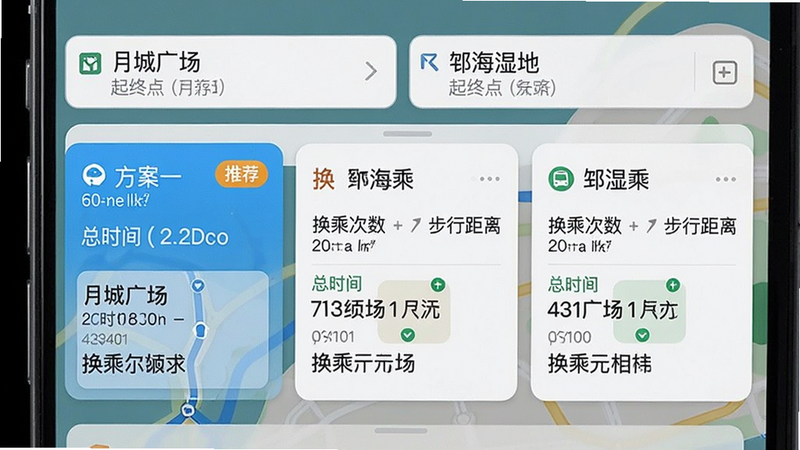 主体:手机屏幕显示换乘规划界面,从“月城广场”到“邛海湿地”的路线方案。布局:顶部是起终点输入框,下方列出三个换乘方案卡片。排版:每个卡片包含总时间、换乘次数、步行距离,以及每段公交线路编号。风格:卡片式设计,简洁明了。细节:方案一标有“推荐”标签,颜色高亮。画质:干净无杂物,色彩柔和。