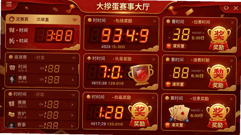 主体:大掼蛋赛事大厅界面,展示赛事列表和奖励图标。布局:网格排列,每个赛事卡片包含时间和奖励。排版:信息层级分明。风格:喜庆红金色调。细节:倒计时数字动态。画质:高清,无多余元素。