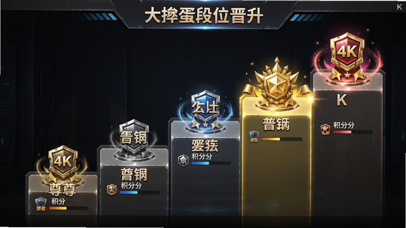 主体:大掼蛋段位晋升界面,显示从青铜到至尊的等级图标。布局:阶梯式排列,当前段位高亮。排版:等级名称和积分进度条。风格:科技感,金属光泽。细节:勋章动画。画质:4K,干净。