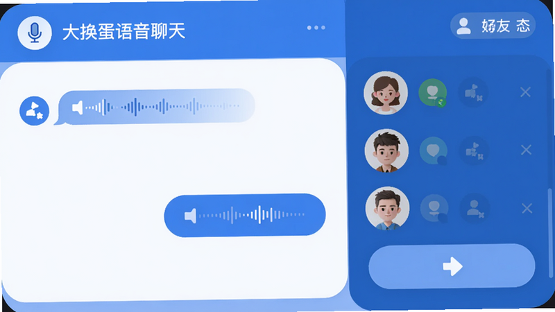 主体:大掼蛋语音聊天界面,显示麦克风图标和好友头像列表。布局:左侧聊天框,右侧好友状态。排版:简洁明了,按钮圆润。风格:扁平化设计,蓝色主调。细节:音量波形动画。画质:清晰,无多余元素。