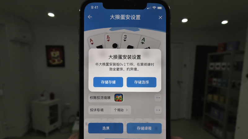 主体:大掼蛋安装设置界面,显示权限授权弹窗和存储选择。布局:手机屏幕居中,弹窗突出。排版:文字说明清晰。风格:真实截图风格。细节:按钮高亮。画质:干净。