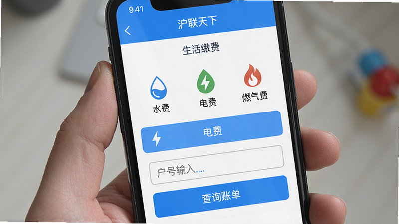 手机屏幕显示“沪联天下”缴费页面,顶部为“生活缴费”标题,中部罗列“水费”“电费”“燃气费”等图标,当前选中“电费”,下方显示户号输入框和“查询账单”按钮,整体布局简洁,蓝白配色,文字清晰。