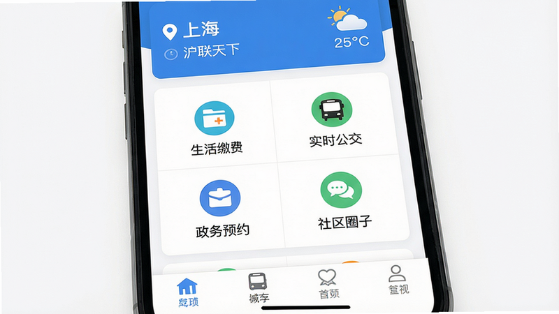 画面主体为一部智能手机屏幕展示“沪联天下”APP首页,界面顶部显示城市定位“上海”和天气预报,中部为功能图标矩阵(如“生活缴费”“实时公交”“政务预约”“社区圈子”),底部为四个导航标签,整体采用蓝白清新风格,扁平化设计,画质高清,干净无多余元素,屏幕内文字清晰可见“沪联天下”字样。