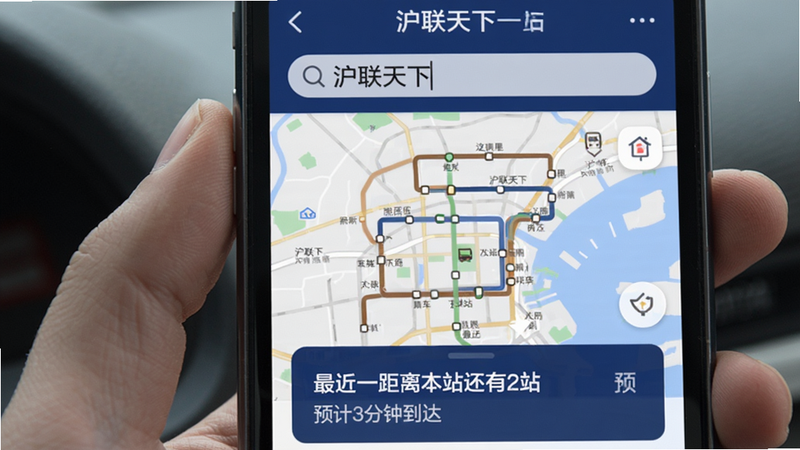 手机屏幕展示“沪联天下”公交查询功能,上部搜索框内输入“沪联天下”站,中部地图显示公交线路轨迹,底部卡片列出最近一班车距离本站还有2站,预计3分钟到达,界面采用深蓝色主色调,数据清晰。
