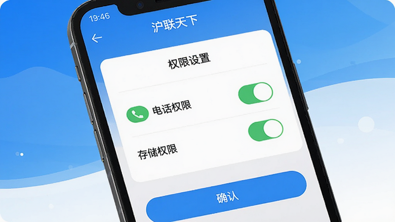 画面展示一部手机正在运行“沪联天下”APP,屏幕上显示“权限设置”页面,有“电话权限”“存储权限”开关图标,底部有“确认”按钮,背景为蓝白渐变色,画质清晰,无多余元素。