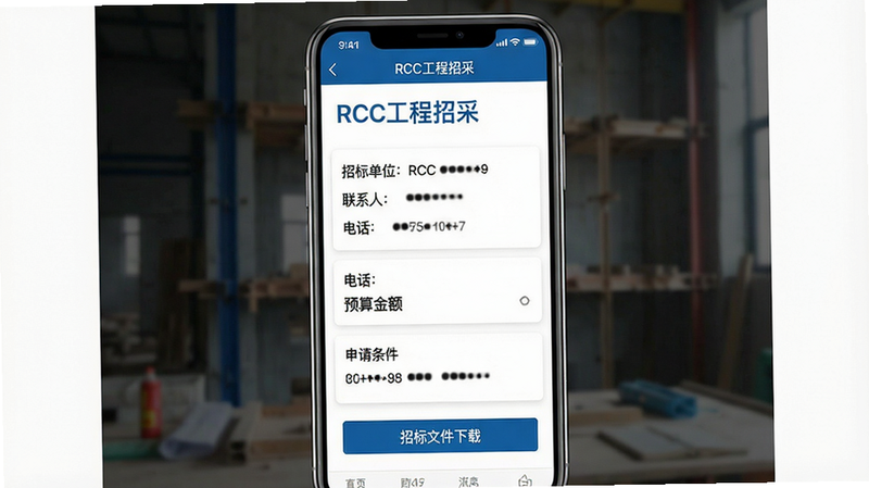 一张展示RCC工程招采APP项目详情页的手机截图,主体为手机屏幕中显示一个项目的详细内容,布局从上到下依次是项目标题、基本信息卡片(招标单位、联系人、电话)、预算金额、申请条件、招标文件下载按钮,风格为信息型页面设计,色彩以白色背景搭配蓝色文字,细节包括电话号码部分打码处理,画质清晰,文字显示