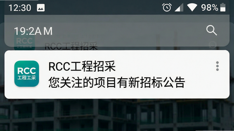 一张展示RCC工程招采APP消息推送通知的手机截图,主体为手机通知栏下拉后的通知列表,布局顶部为时间,中间有
