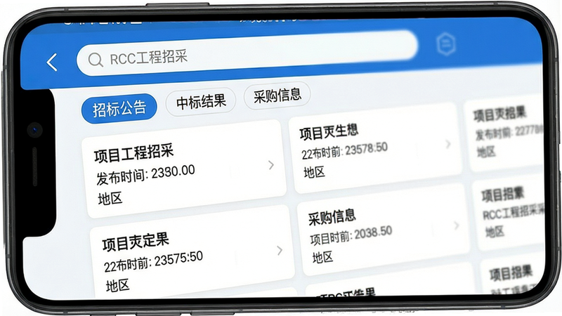 一张展示RCC工程招采APP主界面的手机截图,主体为手机屏幕中显示