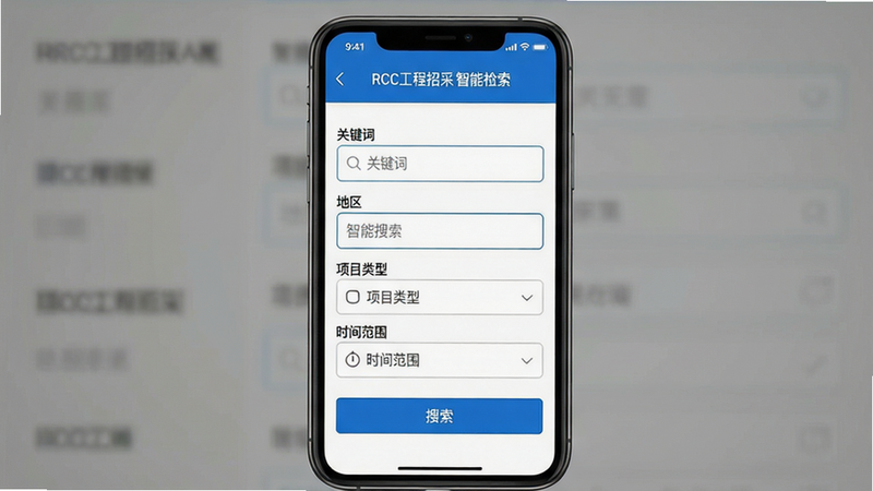 一张展示RCC工程招采APP高级搜索界面的截图,主体为手机屏幕中显示