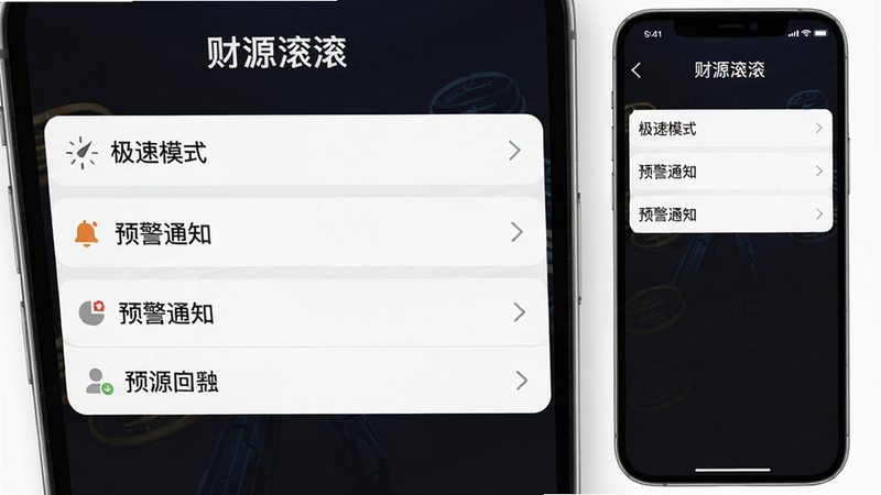 “财源滚滚”使用指南界面,手机屏幕显示设置菜单,包含“极速模式”、“预警通知”等选项,背景为深色主题,白色文字,界面简洁,画质清晰,无多余元素。
