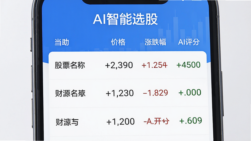 手机界面展示“财源滚滚”的AI选股结果列表,列表项包含股票名称、当前价格、涨跌幅、AI评分。界面上方有“AI智能选股”标题,整体风格简洁,蓝白配色,画质清晰,无多余元素,突出数据列表。