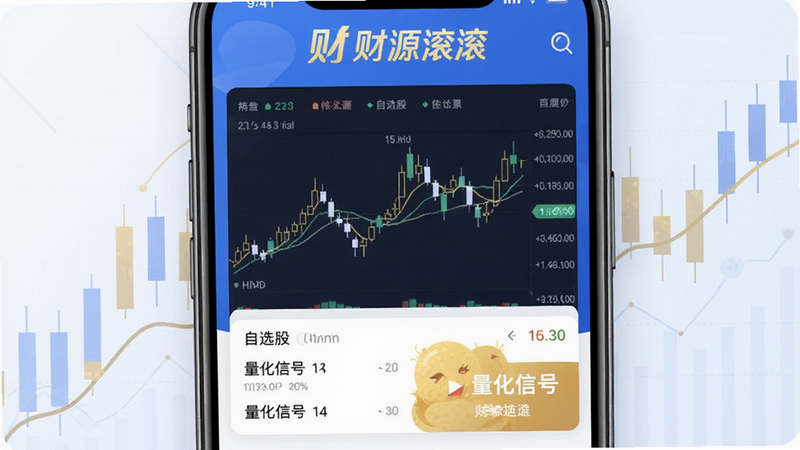 一幅手机屏幕展示“财源滚滚”App主界面,界面包含K线图、自选股列表、量化信号提示,背景为简洁的金融科技风格,蓝色与金色为主色调,屏幕上方有“财源滚滚”Logo,整体排版清晰、画质干净,无多余元素,突出股票分析功能。