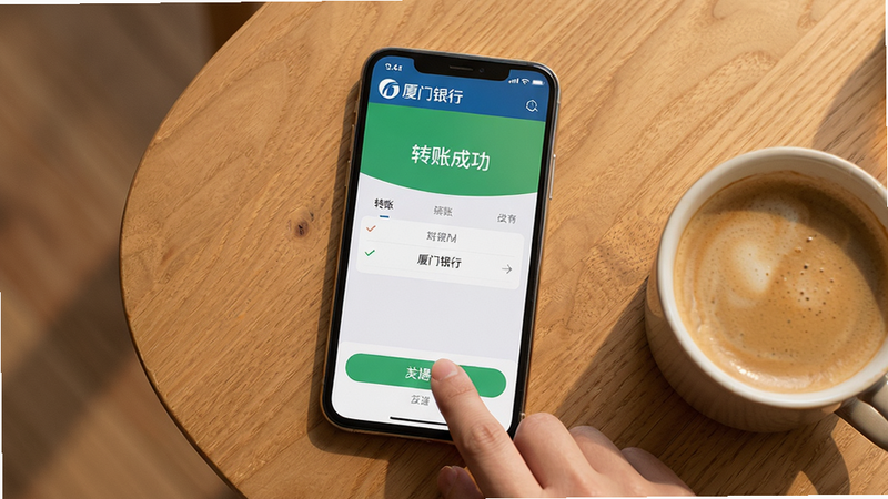 主体:厦门银行app使用场景图,用户正在手机上操作转账,旁边放着一杯咖啡;布局:俯拍视角,手机屏幕亮着,显示转账界面,手指触及发送按钮;排版:手机居中,背景为木质桌面,咖啡杯在右前方;风格:生活化、亲切,暖色调;细节:屏幕内容需显示“转账成功”字样,手机上“厦门银行”logo可见;画质:4K清晰,光影自然,干净无多余元素。
