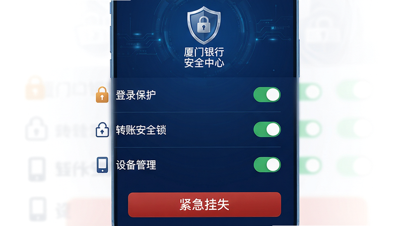主体:厦门银行app安全中心界面,展示安全功能开关列表;布局:列表形式,每行一个功能项,如“登录保护”、“转账安全锁”、“设备管理”,右侧有开关滑块;排版:图标+文字说明,开关滑块用绿色表示开启;风格:严谨、科技感,背景为深蓝色;细节:顶部有盾牌安全图标,底部有“紧急挂失”按钮;画质:高清,无多余元素,文字包含“厦门银行”与“安全中心”。
