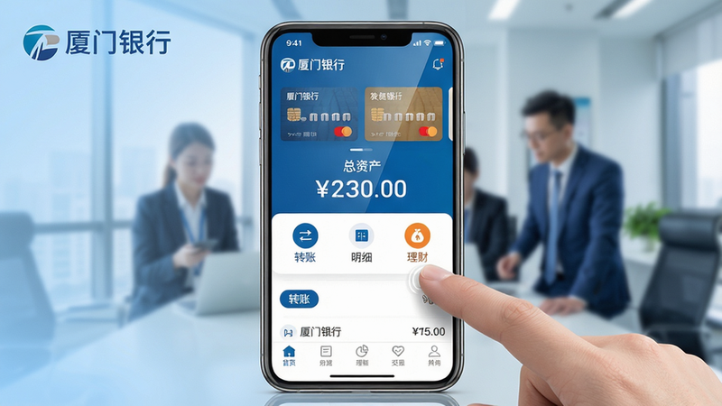 主体:厦门银行app手机界面特写,展示账户总览与快捷转账功能;布局:手机屏幕居中,背景为浅蓝色渐变,界面元素包括银行卡卡片、交易记录列表、底部导航栏;排版:左上角显示“厦门银行”logo,中间突出“总资产”数字,下方横向排列“转账”、“明细”、“理财”三个图标按钮;风格:扁平化设计,现代简洁,色彩以厦门银行品牌蓝色为主,辅以白色和橙色高亮;细节:屏幕反光效果,手指点击转账按钮的动感姿态,背景有模糊的商务场景;画质:超高清4K,光影自然,干净无多余元素,文字部分需呈现“厦门银行”字样及“转账”按钮。