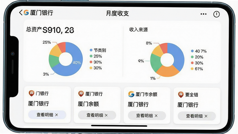 主体:厦门银行app的“资产总览”界面截图,显示账户列表与月度收支图表;布局:上下分层,上方为总资产数字及两个饼图(支出类别与收入来源),下方为各银行卡余额卡片;排版:饼图占比用不同颜色区分,卡片上带有银行logo缩略图;风格:数据可视化清晰,色彩柔和,白色背景;细节:饼图旁标注百分比,卡片按钮有“查看明细”字样;画质:细节锐利,无噪点,干净整洁,文字需包含“厦门银行”和“月度收支”。