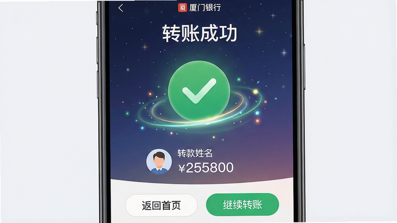 主体:厦门银行app转账成功动画界面,手机屏幕显示“转账成功”绿色对勾与金额;布局:居中大号成功图标,下方为收款方头像、姓名、金额,底部有“返回首页”和“继续转账”按钮;排版:简洁直观,成功图标带有流光特效;风格:喜悦、安全,背景为微弱的星空渐变;细节:金额数字使用大字体,背景有动态粒子效果;画质:流畅、干净,文字必须呈现“厦门银行”及“转账成功”。