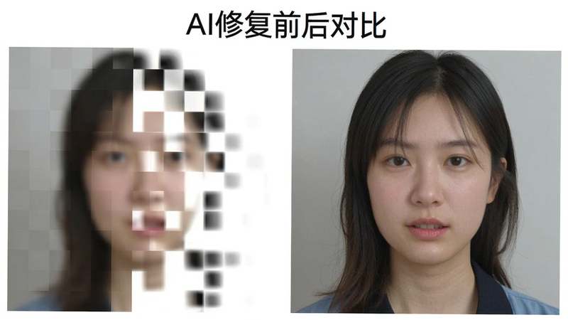主体为一张对比图,左侧是带有马赛克块的图片,右侧是修复后的清晰图片,布局左右并排,排版整齐,风格写实高清,细节包括马赛克块逐渐消失的过渡效果,画质细腻,干净背景,图片上文字“AI修复前后对比”