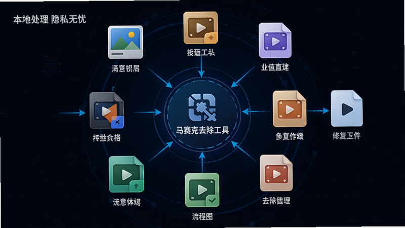 主体为一张流程图,显示多种图片和视频格式图标连接到“马赛克去除工具”中心,再输出为修复后文件,布局环形辐射状,排版清晰,风格科技感线条,细节包括每个格式图标下方有对应文字标注,画质高清,背景深色,图片上文字“本地处理 隐私无忧”