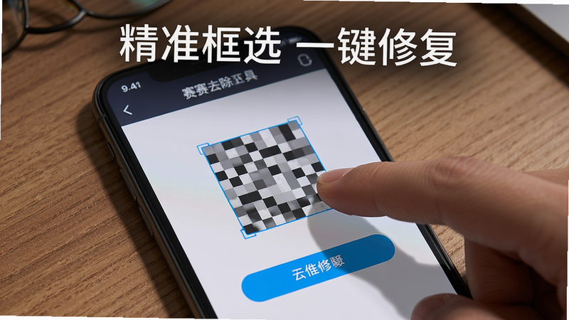 主体为手机屏幕上显示马赛克去除工具的操作界面,手指正在框选马赛克区域,布局居中,排版清晰,风格真实摄影感,细节包括手指阴影、界面按钮高亮,画质超清,背景为木纹桌面,图片上文字“精准框选 一键修复”