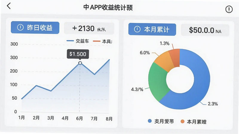 中交车主APP收益统计页面截图,包含折线图和饼图展示收入构成,有“昨日收益”“本月累计”等数据标签,背景简洁,画质清晰
