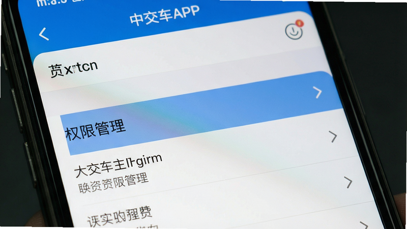 一张手机截图显示中交车主APP设置页面,突出“权限管理”选项,背景为系统设置界面,画质清晰,干净无多余元素