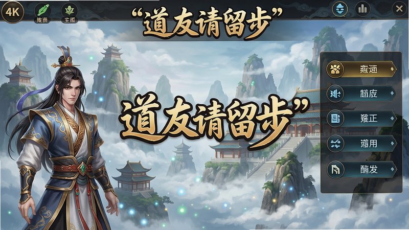 主体为游戏主界面截图,展示游戏正式标题“道友请留步”艺术字居中,背景是仙气缭绕的山峰和宫殿,布局采用黄金分割,左侧显示角色立绘,右侧是功能按钮列表,风格为唯美国风仙侠,细节包含云雾粒子效果、角色服饰纹理清晰,画质为4K高分辨率,干净整洁无多余元素,图片中文字需加引号“道友请留步”居顶显示