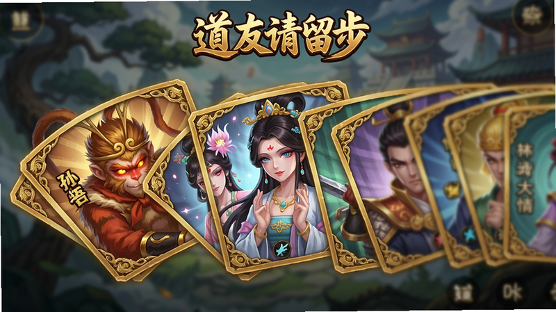 主体为游戏卡牌图鉴界面,展示一排稀有卡牌例如“孙悟空”“嫦娥”等,每张卡牌以扇形排列,布局为横版滚动,顶部有“道友请留步”金色logo,风格为二次元厚涂,细节包括卡牌边框的金色纹路、角色眼神高光,画质细腻带景深效果,背景虚化突出卡牌,干净无多余元素