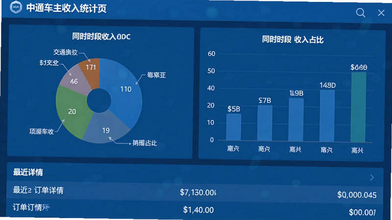 中交车主收入统计页面截图,饼状图与柱状图展示不同时段收入占比,下方列出最近三笔订单详情,界面采用蓝色主色调,数字清晰,画质锐利,无多余元素