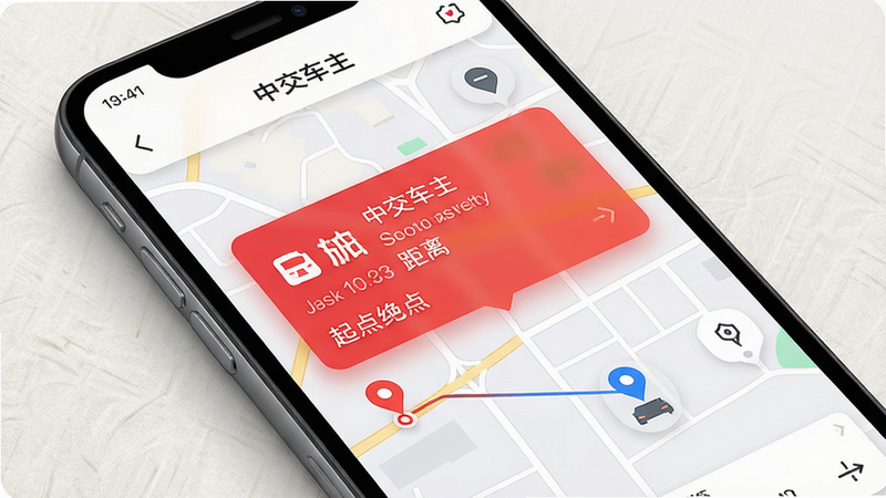 手机屏幕展示中交车主派单界面,一个红色订单卡片弹出,显示起点终点距离,地图上标出乘客位置与司机当前位置,连线清晰,背景为简洁的浅色纹理,整体风格现代,画质细腻,突出“中交车主”派单功能,干净无杂乱元素