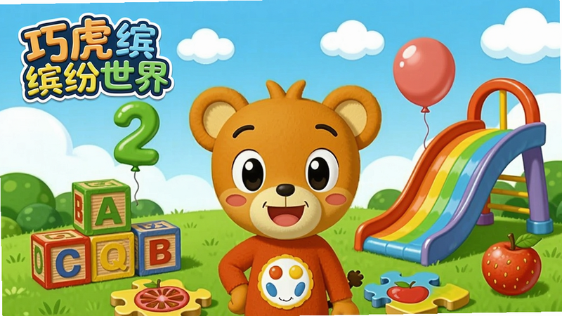 一幅色彩鲜艳的卡通场景,中央是巧虎形象面带微笑,周围散落着字母积木、数字气球、水果拼图和彩虹滑梯,背景是蓝天白云和绿草地,整体风格明亮活泼、童趣十足,画面左上角有“巧虎缤纷世界”文字标题,画质清晰干净,无多余元素