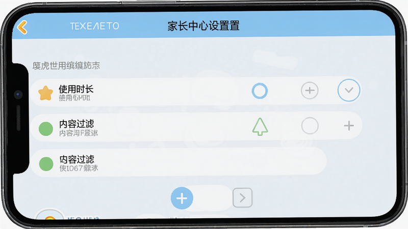 巧虎缤纷世界使用指南界面截图,手机屏幕上显示家长中心设置页面,有使用时长、内容过滤等选项,界面简洁清晰,画质干净,无多余元素
